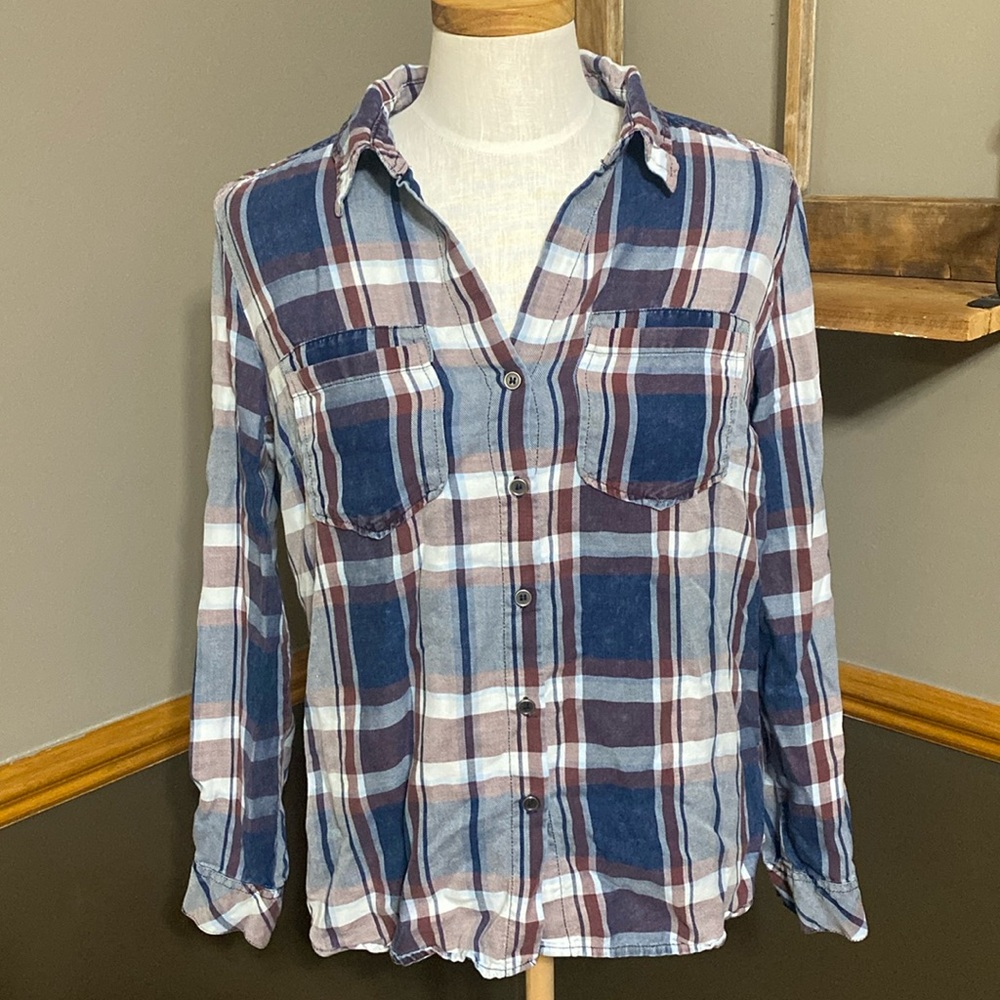 kut from the kloth navy, Maroon & white lyocell plaid button down shirt size Med